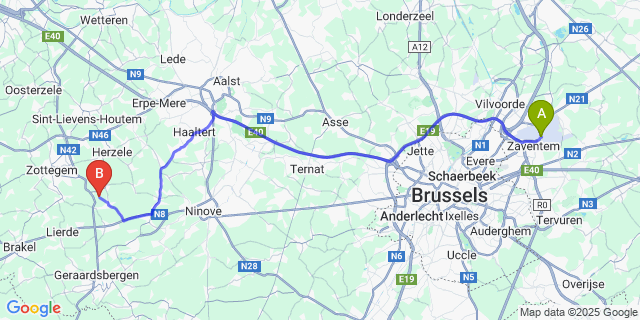 Map: Brussels Zaventem Airport (BRU) to Steenhuize-Wijnhuize