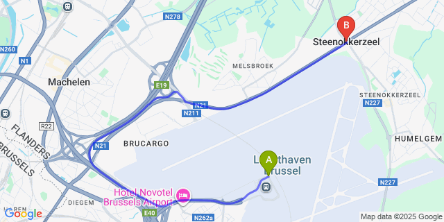 Map: Brussels Zaventem Airport (BRU) to Steenokkerzeel