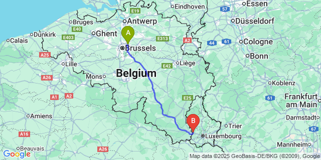 Map: Brussels Zaventem Airport (BRU) to Steinfort