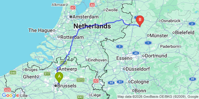 Map: Brussels Zaventem Airport (BRU) to Steinfurt