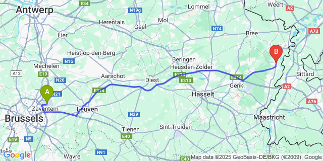 Map: Brussels Zaventem Airport (BRU) to Stokkem