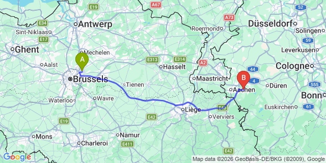 Map: Brussels Zaventem Airport (BRU) to Stolberg