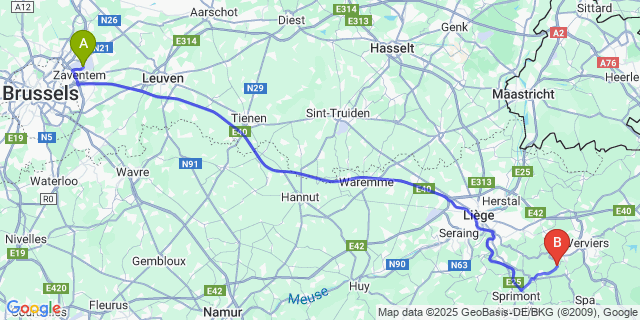 Map: Brussels Zaventem Airport (BRU) to Tancremont