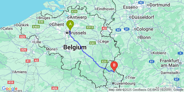 Map: Brussels Zaventem Airport (BRU) to Tandel
