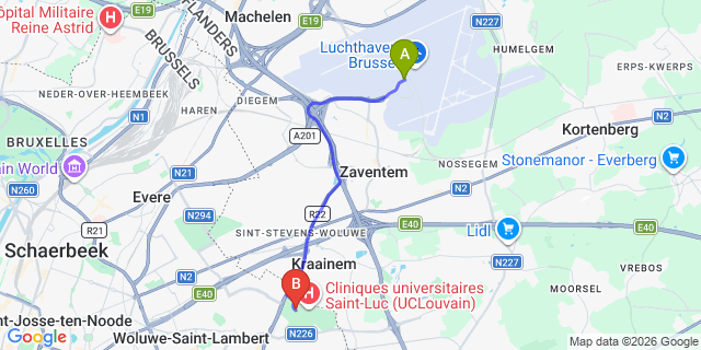 Map: Brussels Zaventem Airport (BRU) to Tangla Hotel Brussels
