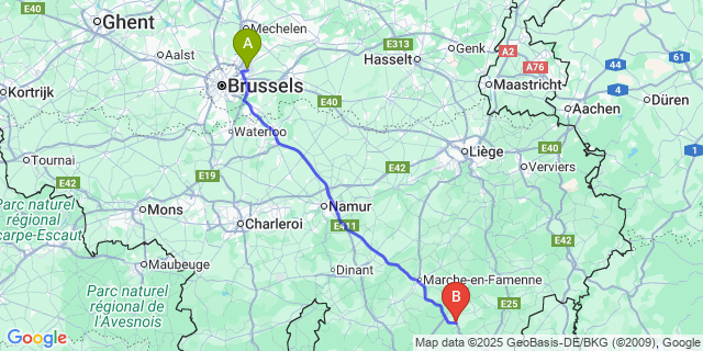 Map: Brussels Zaventem Airport (BRU) to Tenneville