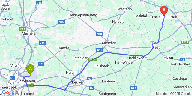 Map: Brussels Zaventem Airport (BRU) to Tessenderlo