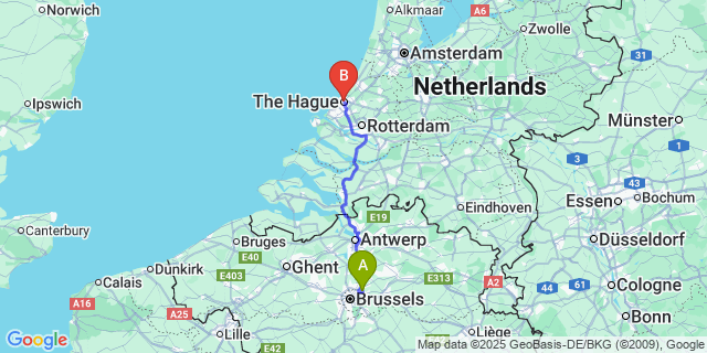 Map: Brussels Zaventem Airport (BRU) to The Hague