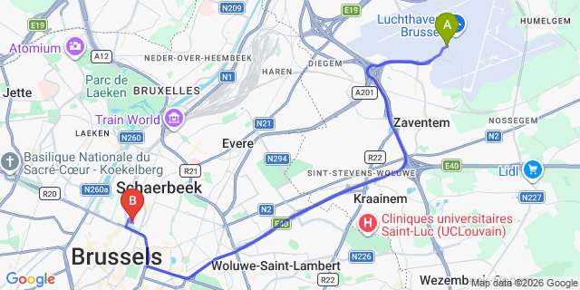 Map: Brussels Zaventem Airport (BRU) to The Hoxton Brussels