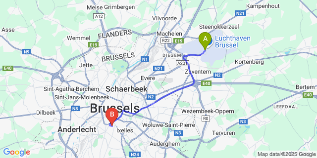 Map: Brussels Zaventem Airport (BRU) to The Scott Hotel, Brussels