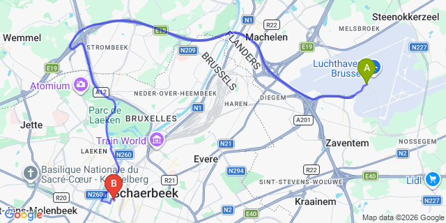Map: Brussels Zaventem Airport (BRU) to The Standard, Brussels