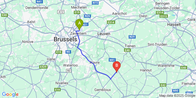 Map: Brussels Zaventem Airport (BRU) to Thorembais-les-Beguines