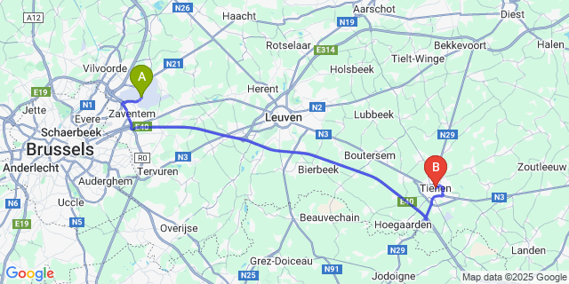 Map: Brussels Zaventem Airport (BRU) to Tienen