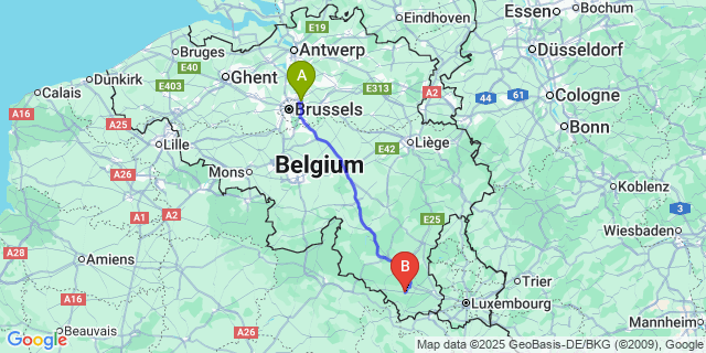 Map: Brussels Zaventem Airport (BRU) to Tintigny
