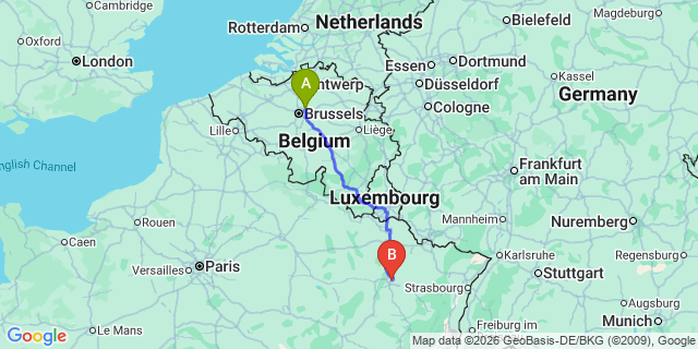 Map: Brussels Zaventem Airport (BRU) to Tomblaine