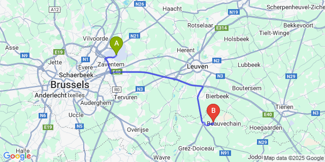 Map: Brussels Zaventem Airport (BRU) to Tourinnes-la-Grosse