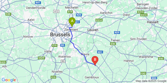 Map: Brussels Zaventem Airport (BRU) to Tourinnes-Saint-Lambert