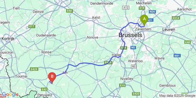 Map: Brussels Zaventem Airport (BRU) to Tourpes