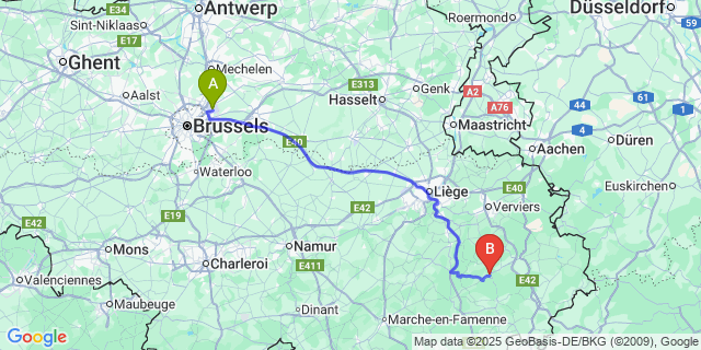 Map: Brussels Zaventem Airport (BRU) to Trois-Ponts