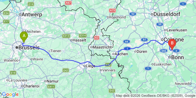 Map: Brussels Zaventem Airport (BRU) to Troisdorf