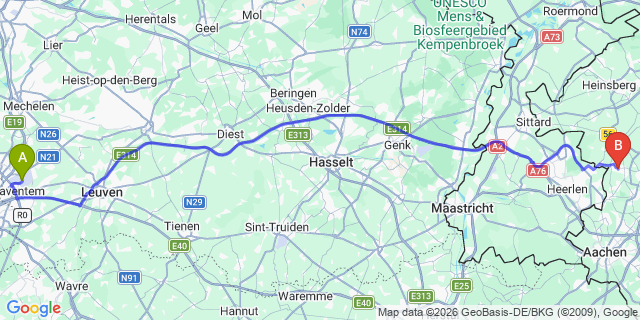 Map: Brussels Zaventem Airport (BRU) to Übach-Palenberg