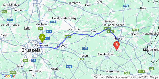 Map: Brussels Zaventem Airport (BRU) to Ulbeek