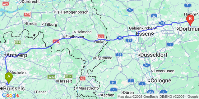 Map: Brussels Zaventem Airport (BRU) to Unna