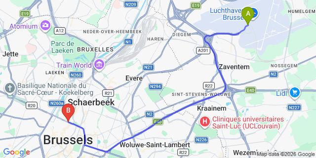 Map: Brussels Zaventem Airport (BRU) to Uptown Hotel, Brussels