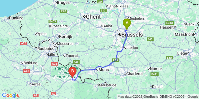Map: Brussels Zaventem Airport (BRU) to Valenciennes