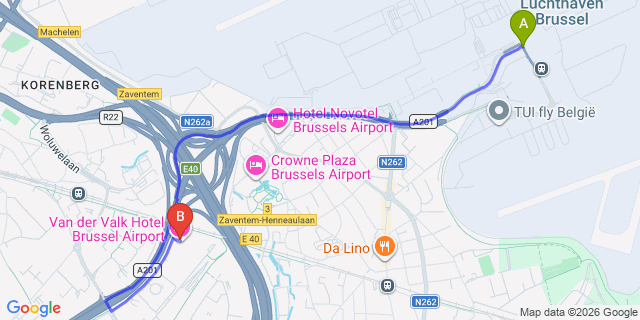 Map: Brussels Zaventem Airport (BRU) to Van der Valk Hotel Brussels Airport