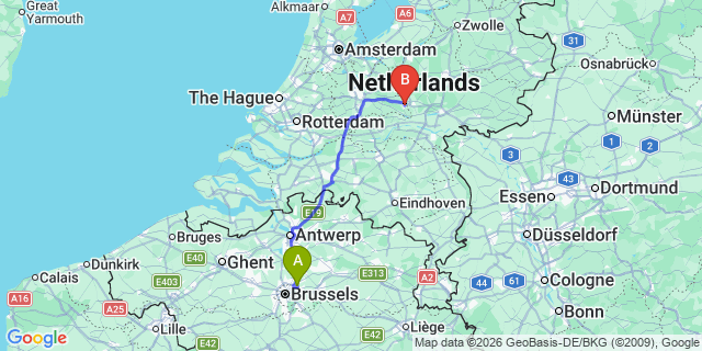 Map: Brussels Zaventem Airport (BRU) to Veenendaal