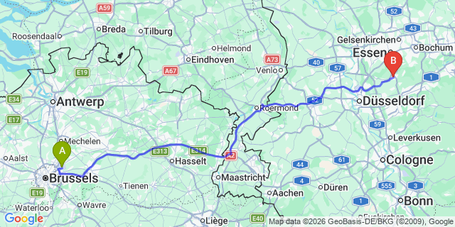 Map: Brussels Zaventem Airport (BRU) to Velbert