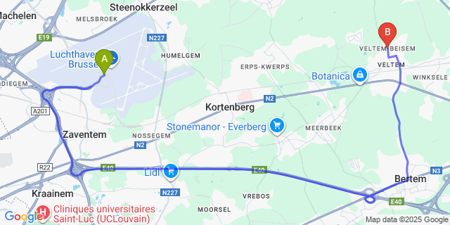 Map: Brussels Zaventem Airport (BRU) to Veltem-Beisem