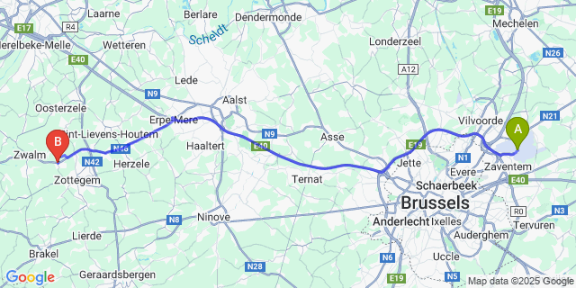 Map: Brussels Zaventem Airport (BRU) to Velzeke-Ruddershove