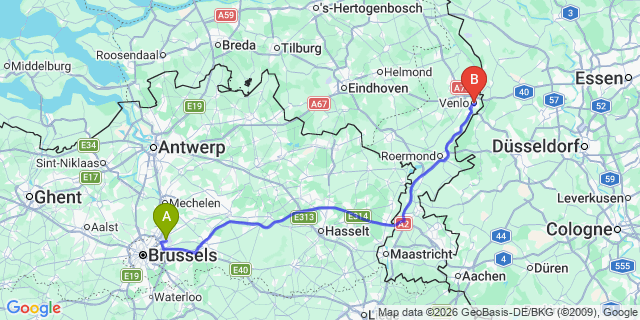 Map: Brussels Zaventem Airport (BRU) to Venlo