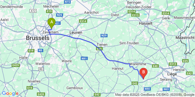Map: Brussels Zaventem Airport (BRU) to Verlaine