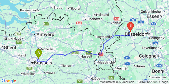 Map: Brussels Zaventem Airport (BRU) to Viersen