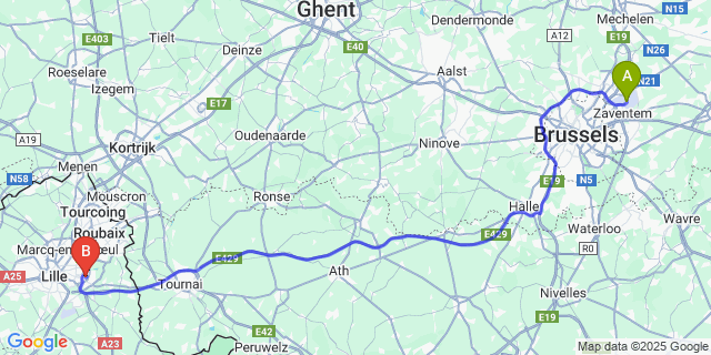 Map: Brussels Zaventem Airport (BRU) to Villeneuve d’Ascq