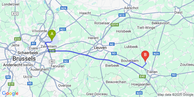 Map: Brussels Zaventem Airport (BRU) to Vissenaken