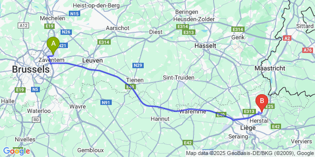 Map: Brussels Zaventem Airport (BRU) to Vivegnis