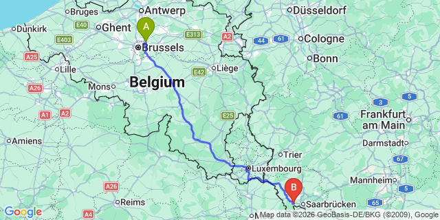 Map: Brussels Zaventem Airport (BRU) to Volklingen