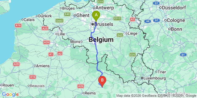 Map: Brussels Zaventem Airport (BRU) to Vouziers