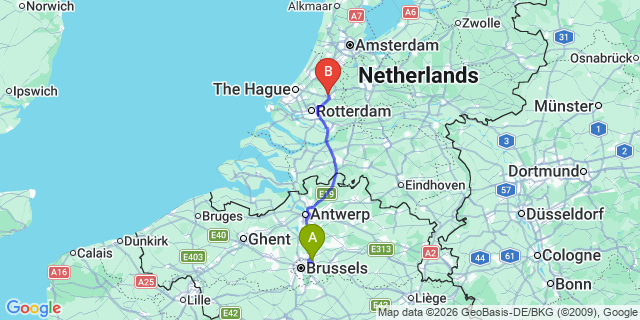 Map: Brussels Zaventem Airport (BRU) to Waddinxveen