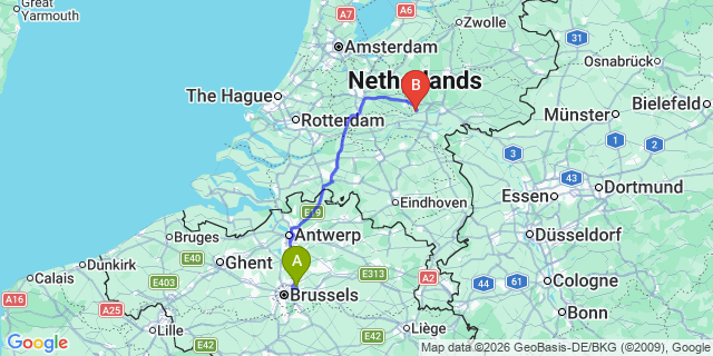 Map: Brussels Zaventem Airport (BRU) to Wageningen