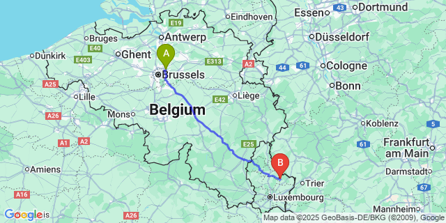 Map: Brussels Zaventem Airport (BRU) to Waldbillig