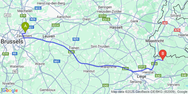 Map: Brussels Zaventem Airport (BRU) to Warsage