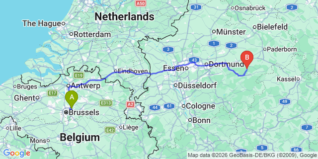 Map: Brussels Zaventem Airport (BRU) to Warstein