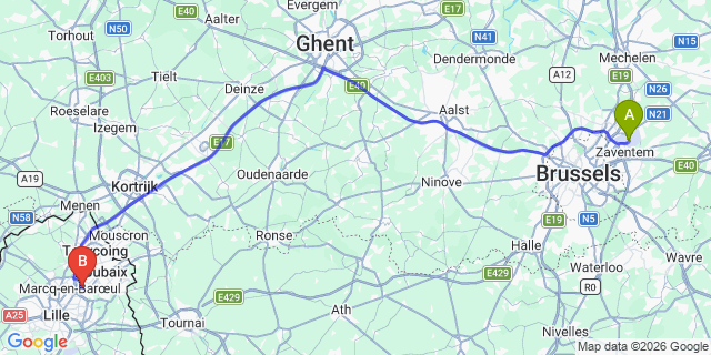 Map: Brussels Zaventem Airport (BRU) to Wasquehal