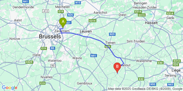 Map: Brussels Zaventem Airport (BRU) to Wasseiges