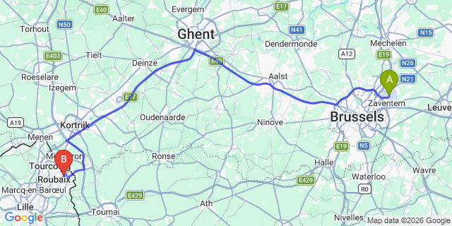 Map: Brussels Zaventem Airport (BRU) to Wattrelos